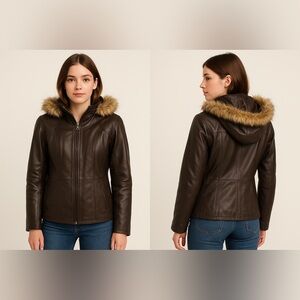 WORTHINGTON‎ Brown Lambskin Leather Jacket with Faux Fur Hood Sz. M